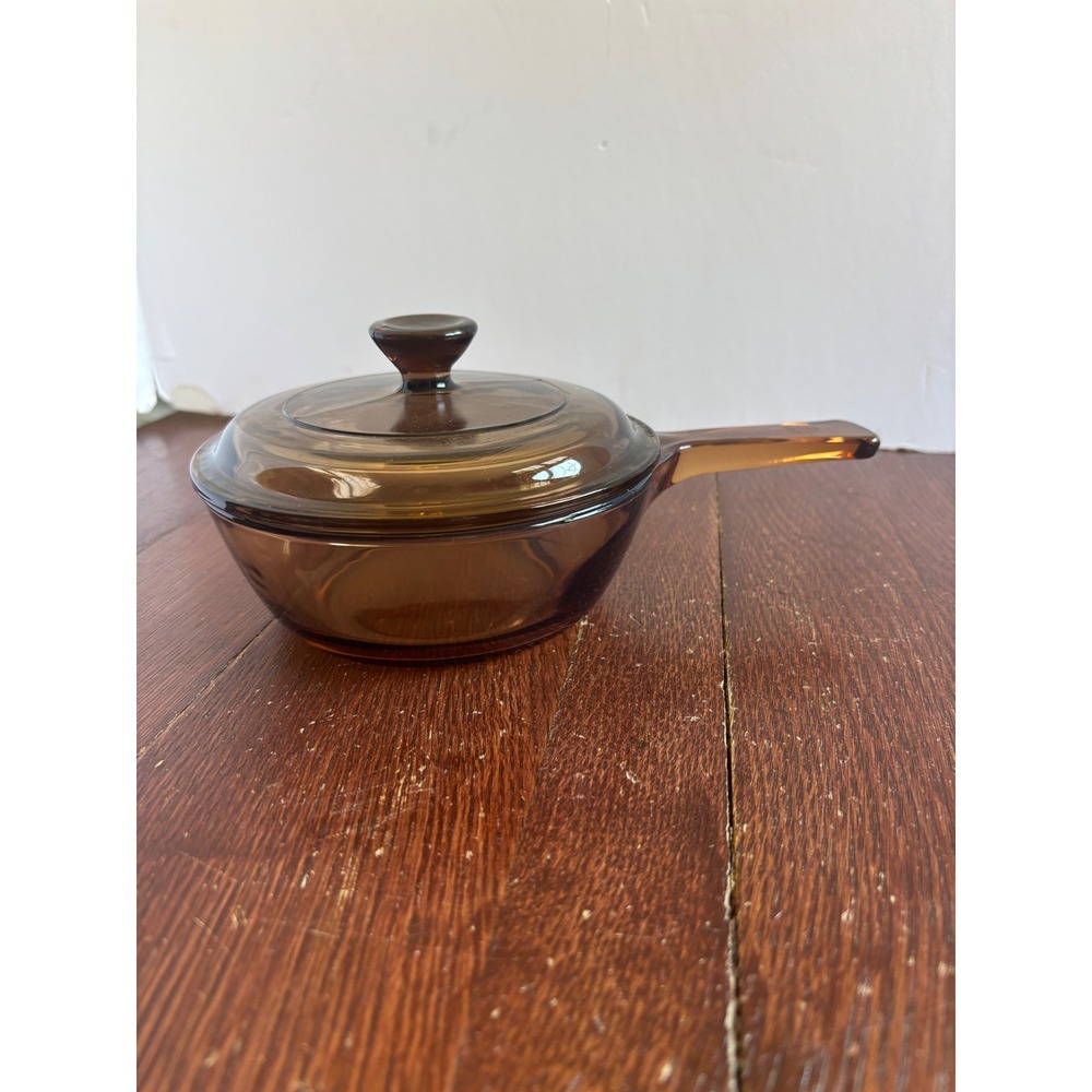 Visions Corning Amber Glass 0.5L Saucepan with Pyrex Lid P-81-C Vintage USA